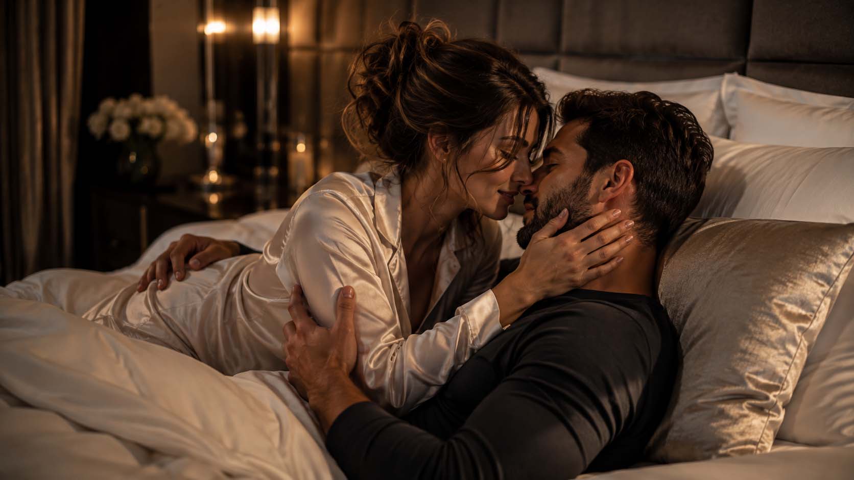 Dospelý pár v romantickom objatí v luxusnej spálni