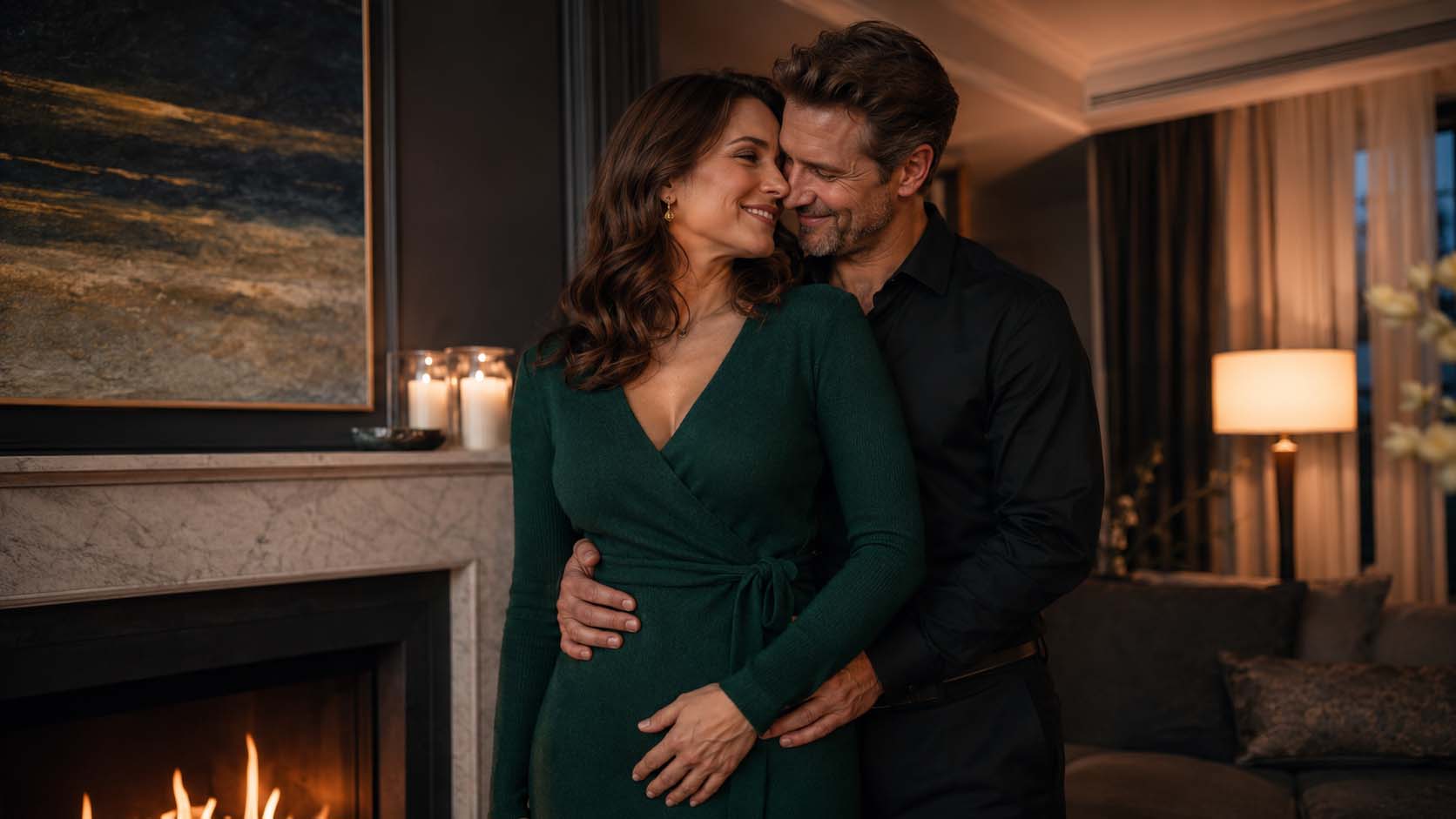 Dospelý pár v tesnom romantickom objatí pred krbom
